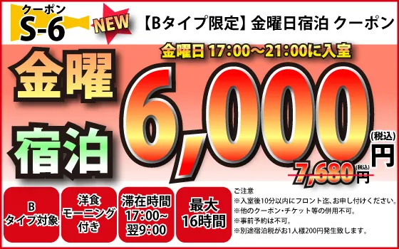 Bタイプ限定金曜宿泊6,000円